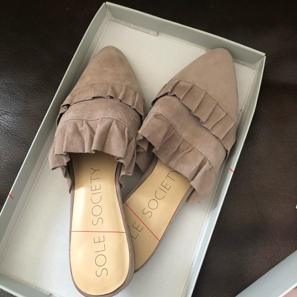 Sole Society ruffled mules in mushroom suede